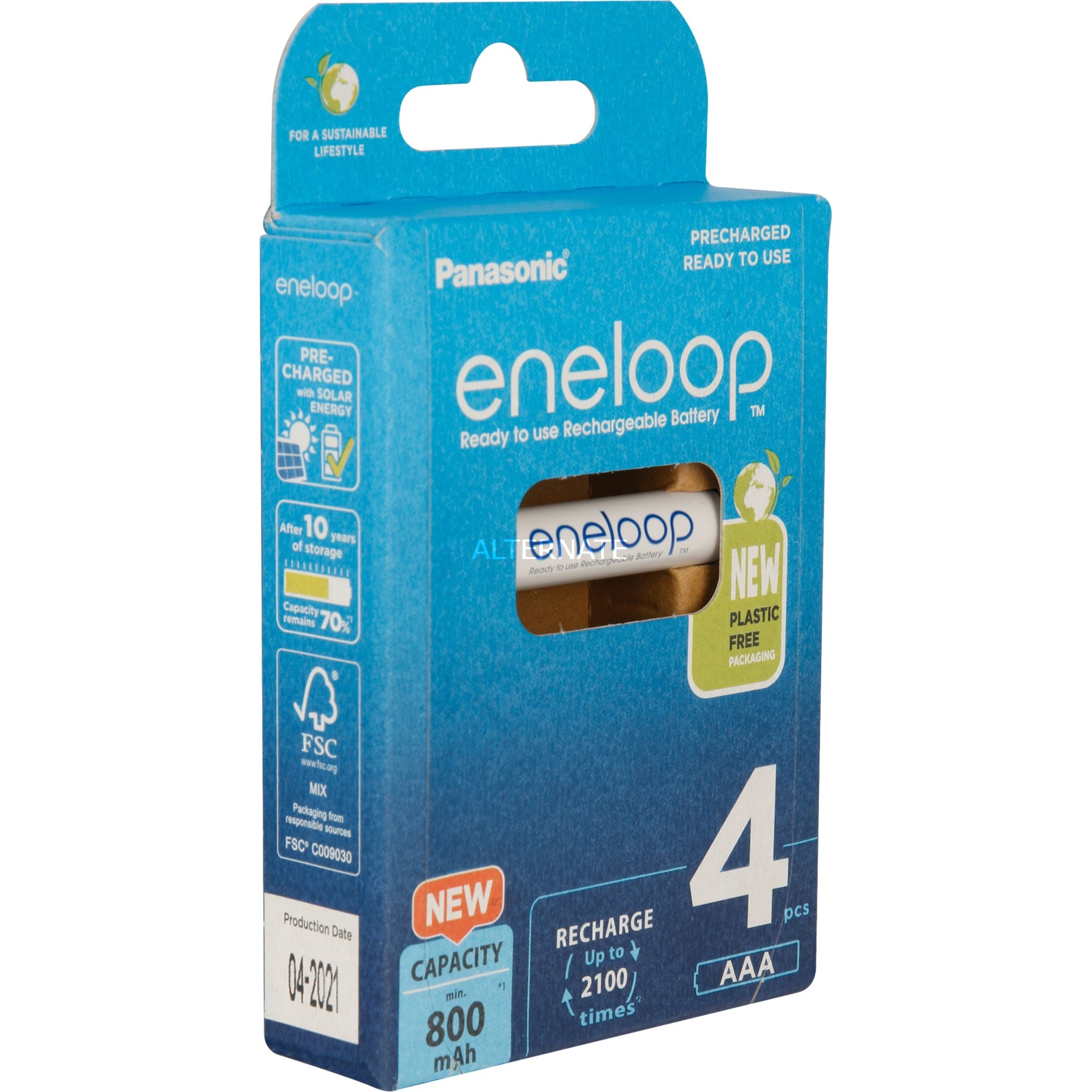 Eneloop, Batterie Ricaricabili Aaa/Micro, Confezione Da 4, Capacità Di Min. 800 Mah, Batterie Ni-Mh, Pronte All'uso, Ricaricabili Fino A 2000 Volte, Confezione Senza Plastica, Standard, Bianche-image