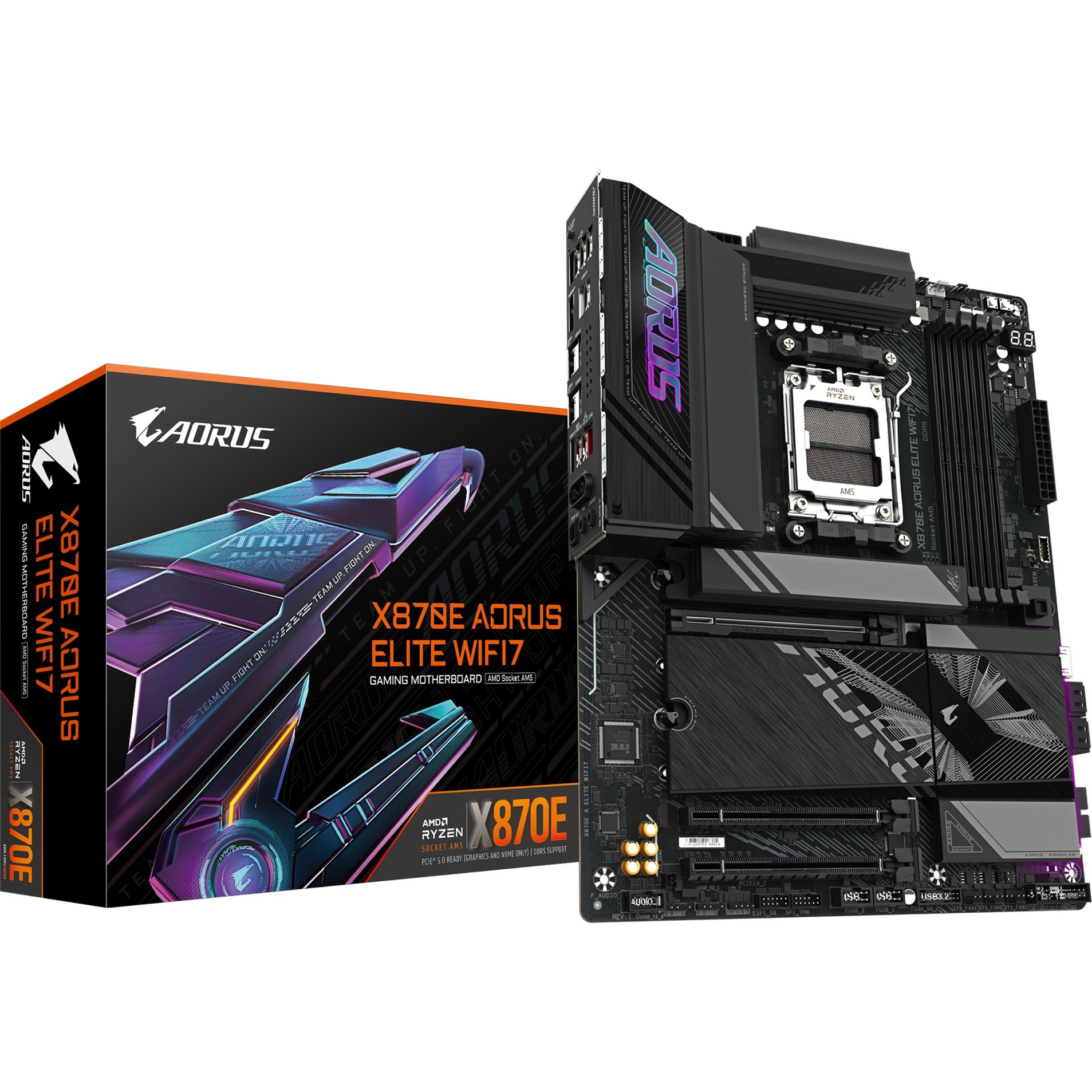 GIGABYTE Scheda madre X870E AORUS ELITE WIFI7 - Supporta CPU AMD Ryzen 9000 VRM digitale a 1622 fasi fino a 8000MHz DDR5 (OC) 3xPCIe 5.0 Wi-Fi 7 LAN 2.5GbE USB 4-image