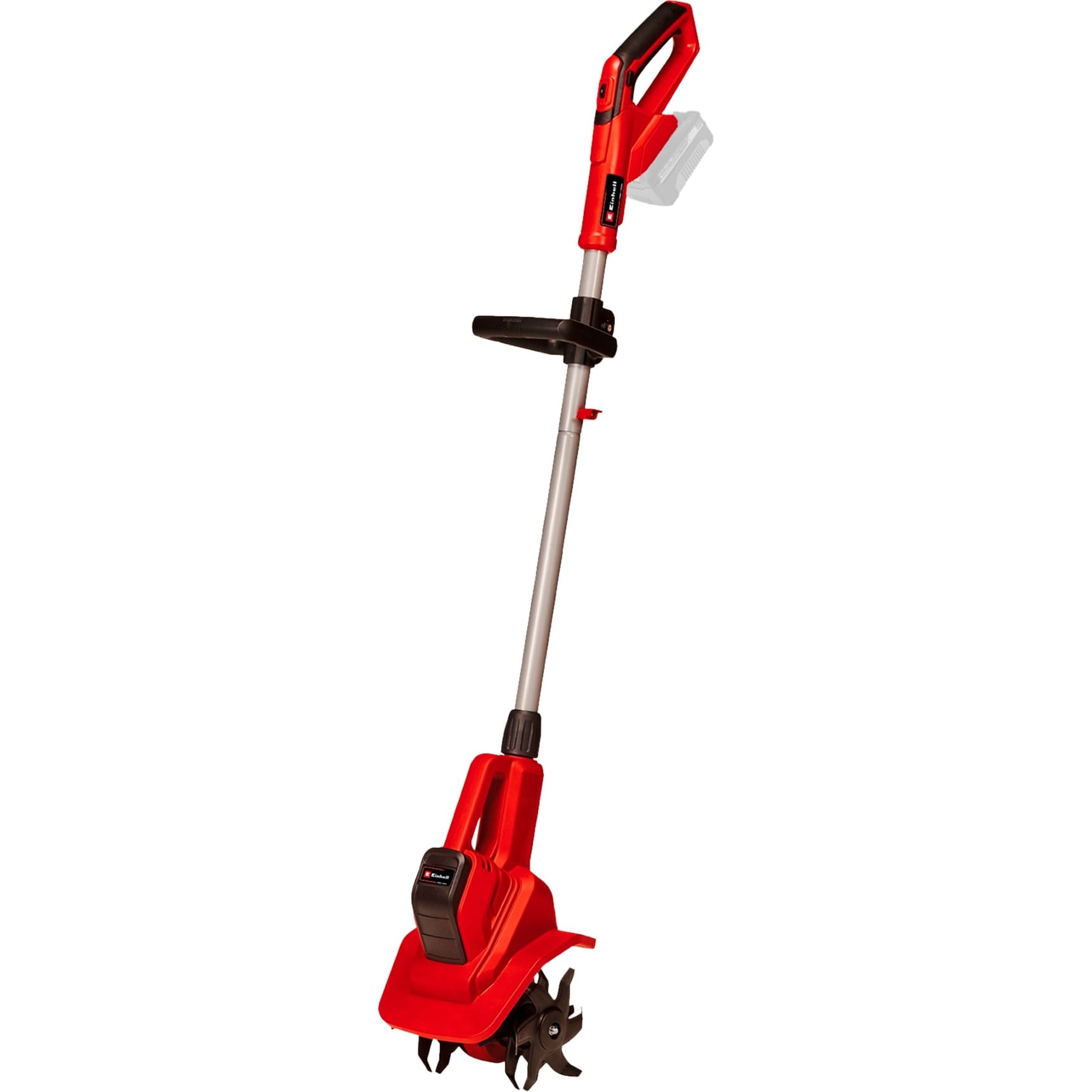 Einhell Motozappa a batteria, 18 V, agli ioni di Li, regolazione della velocità, lama scarificatrice, presa aggiuntiva, senza batteria o caricabatterie, colore: rosso/nero