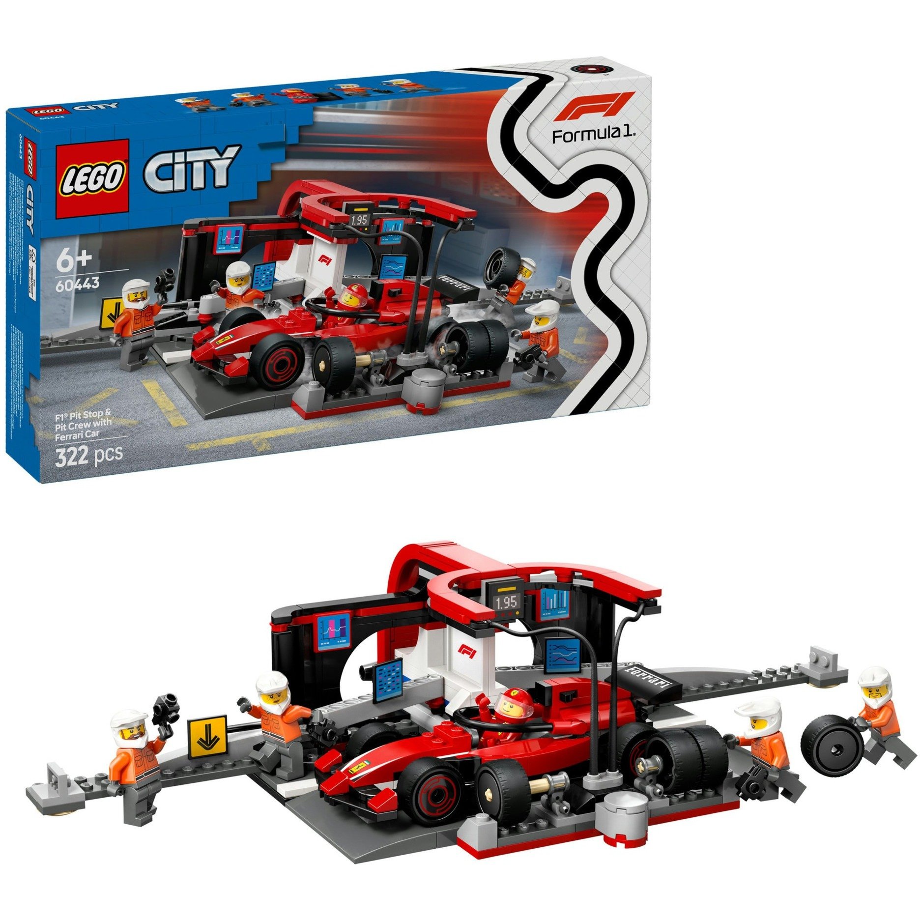 LEGO City Pit Stop e Meccanici con Monoposto Ferrari F1 - Kit Officina da Costruire con Macchina Giocattolo, Minifigure e Accessori, Giochi per Bambini da 6 Anni Fan delle Auto da Corsa Sportive 60443-image