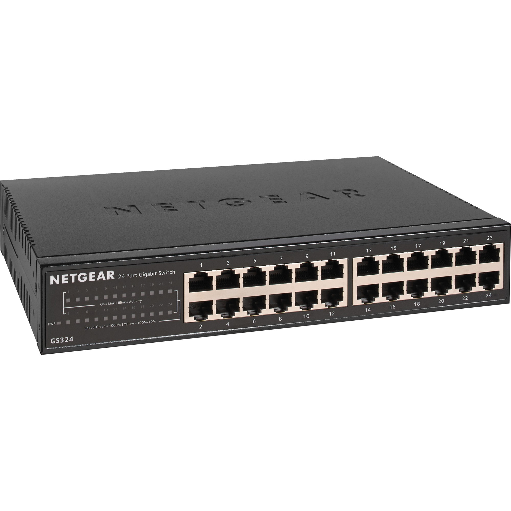 Netgear GS324 Non gestito Gigabit Ethernet (10/100/1000) Nero, Interruttore Non gestito, Gigabit Ethernet (10/100/1000), Montaggio rack, Montabile a parete