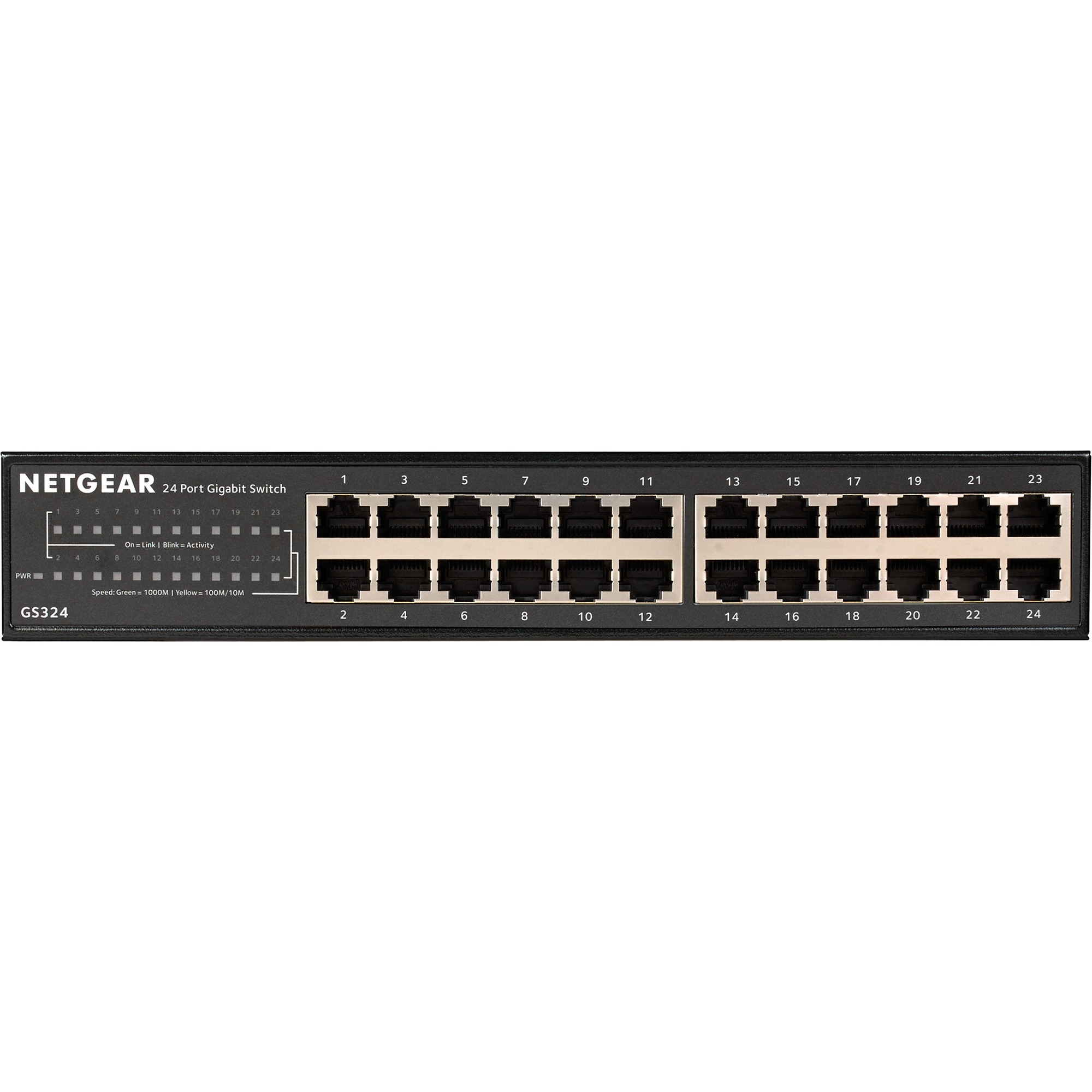 Netgear GS324 Non gestito Gigabit Ethernet (10/100/1000) Nero, Interruttore Non gestito, Gigabit Ethernet (10/100/1000), Montaggio rack, Montabile a parete