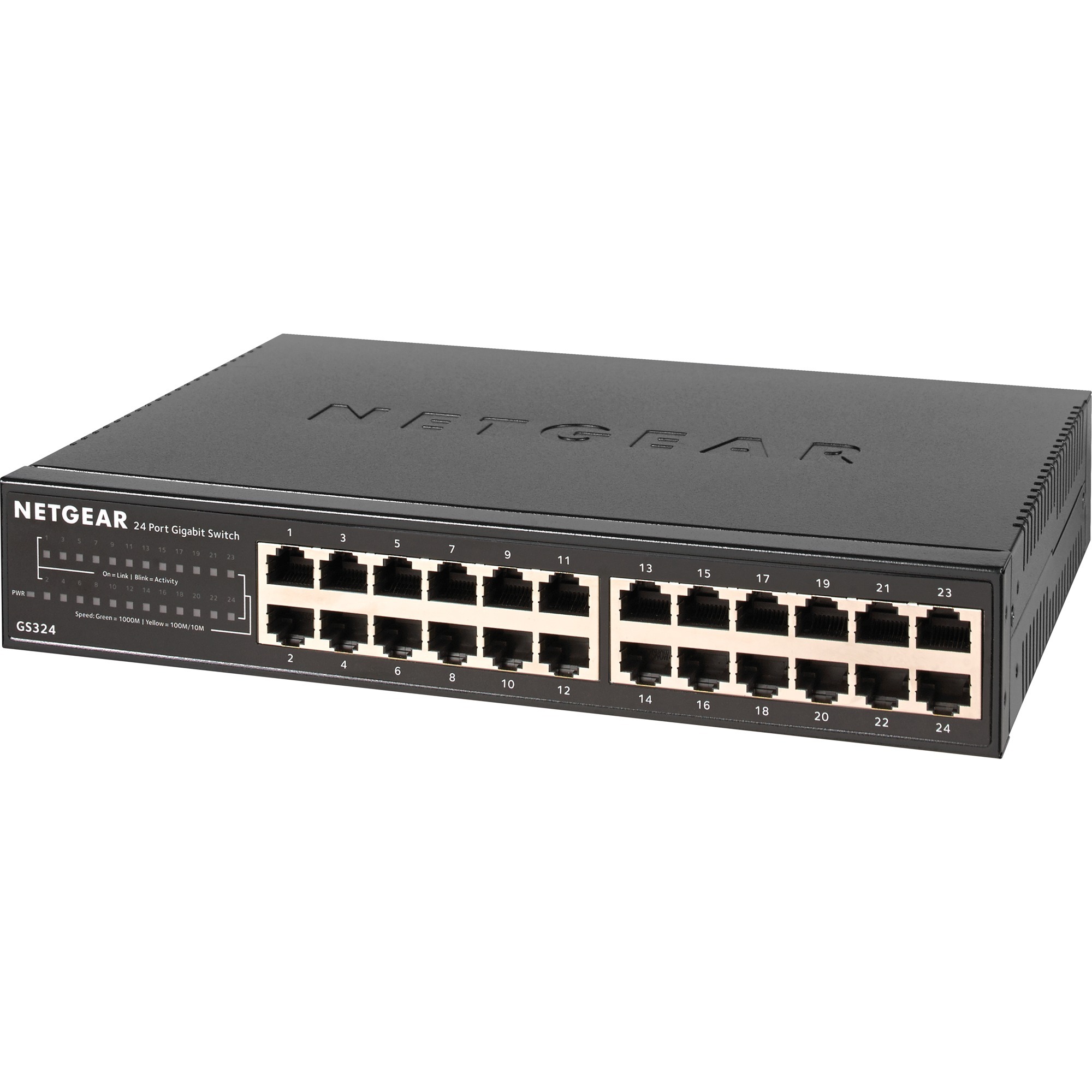 Netgear GS324 Non gestito Gigabit Ethernet (10/100/1000) Nero, Interruttore Non gestito, Gigabit Ethernet (10/100/1000), Montaggio rack, Montabile a parete