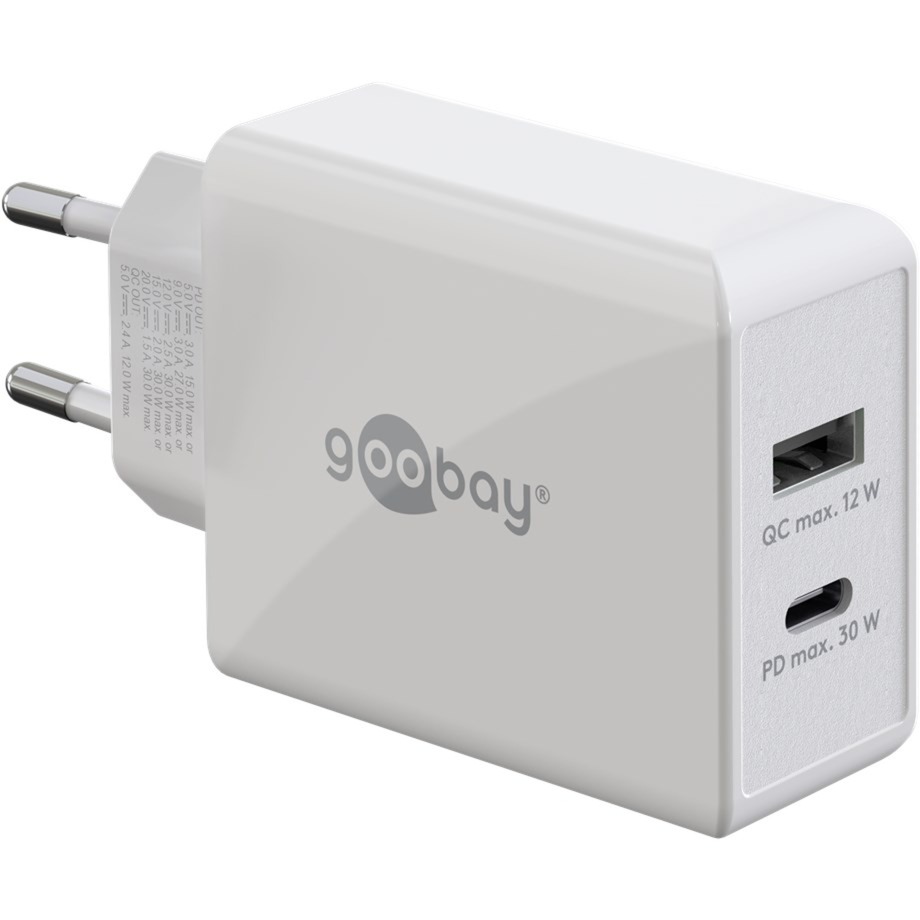 Goobay 61674 Dual USB-C Pd (Power Delivery) Caricatore Rapido (30 W) / Quick Charge Alimentatore Di Rete Per Iphone, Samsung, Huawai/Cellulare Caricabatterie/Adattatore Di Ricarica Per Presa/Bianco-image