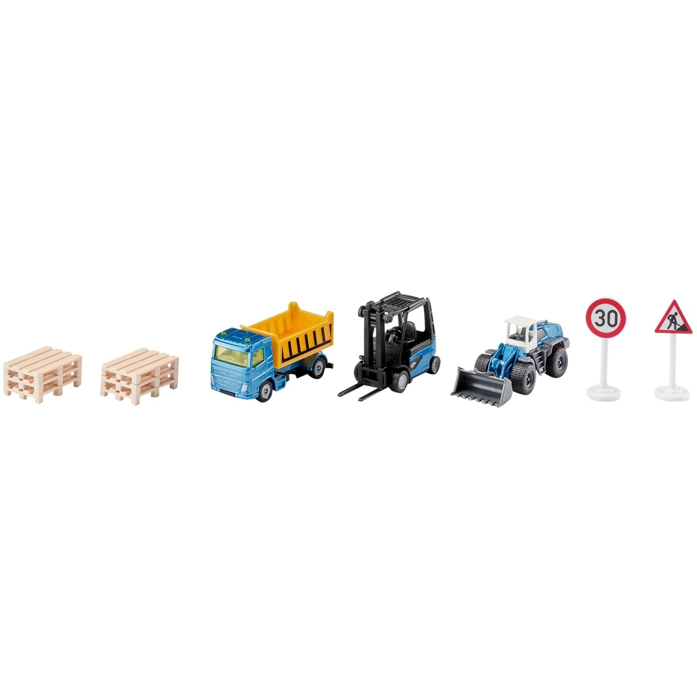 Siku 6336, Set Regalo Cantiere, Include Camion, Carrello Elevatore, Pala Caricatrice, 6 Bancali, 2 Cartelli Stradali, Metallo E Plastica, Giallo E Blu, Parti Mobili
