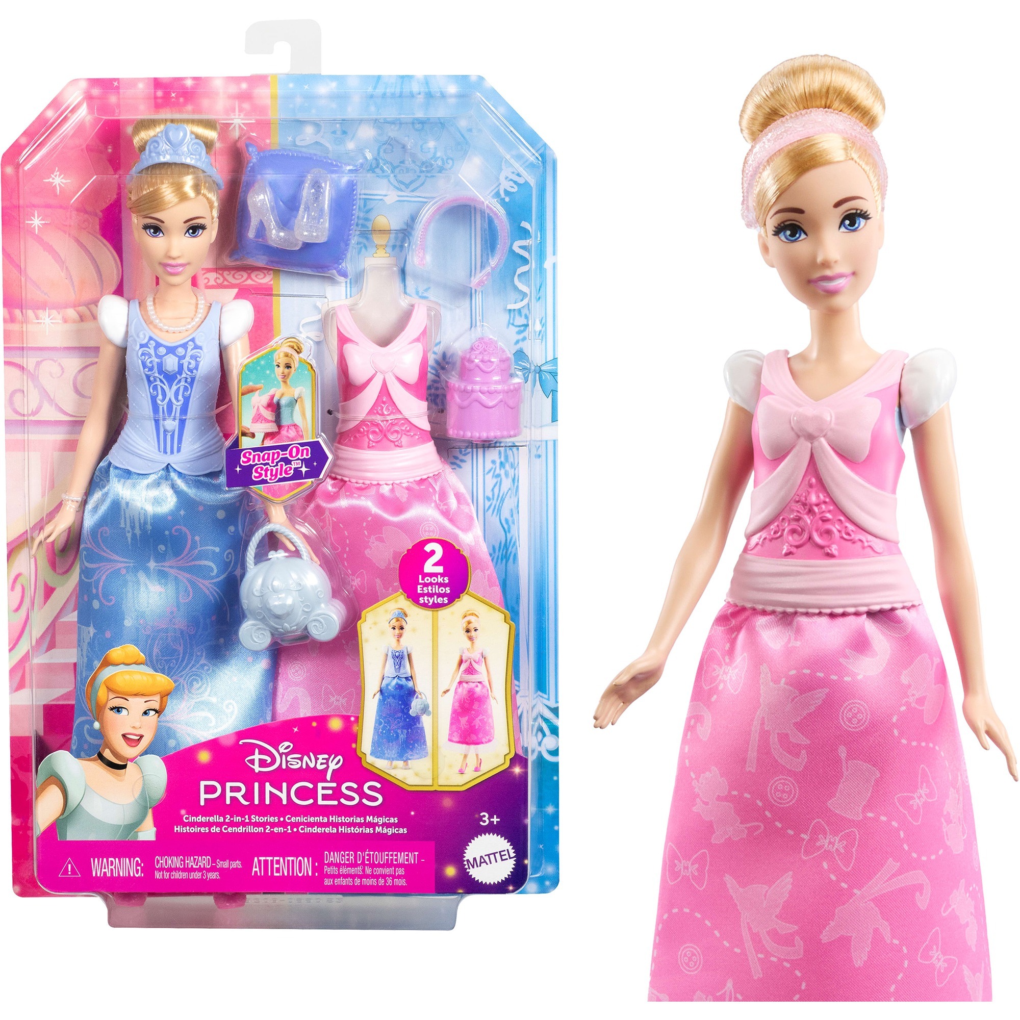 Mattel Disney Princess - Cenerentola 2 Storie In 1, Bambola Alla Moda Ispirata Al Film Con 2 Look Completi Intercambiabili E 9 Accessori Inclusi, Giocattolo Per Bambini, 3+ Anni, Rosa, JCR95-image
