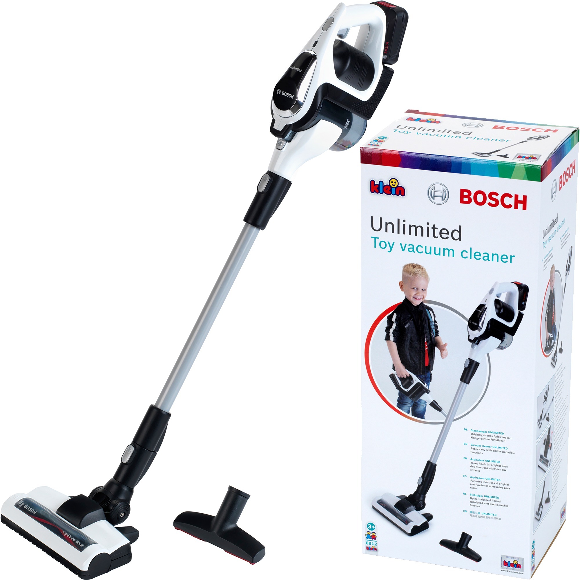 Theo Klein 6812 Aspirapolvere Bosch Unlimited, Aspirapolvere A Batterie Con Funzione Di Aspirazione E Sonora, Dimensioni: 16 Cm X 16 Cm X 80 Cm, Giocattolo Per Bambini A Partire Dai 3 Anni Di Età