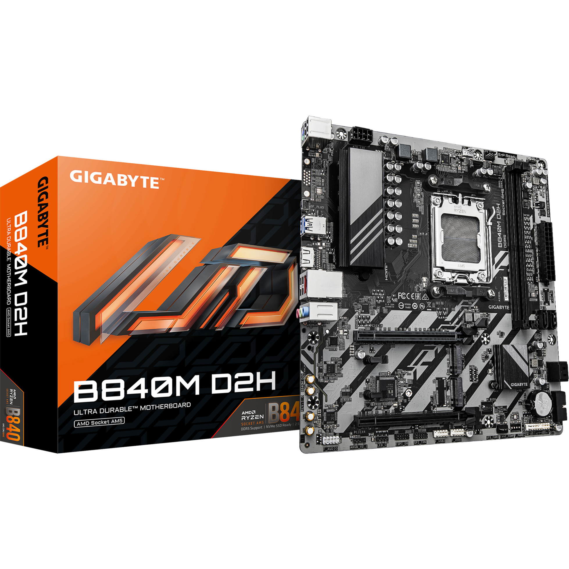 Gigabyte B840M D2H Scheda Madre - Cpu Amd Ryzen 9000, Vrm A 5+2+2 Fasi, Fino A 7600 Mhz DDR5, 1Xpcie 4.0 + 1Xpcie 3.0 M.2, Lan 2.5Gbe, Usb 3.2 Gen 1