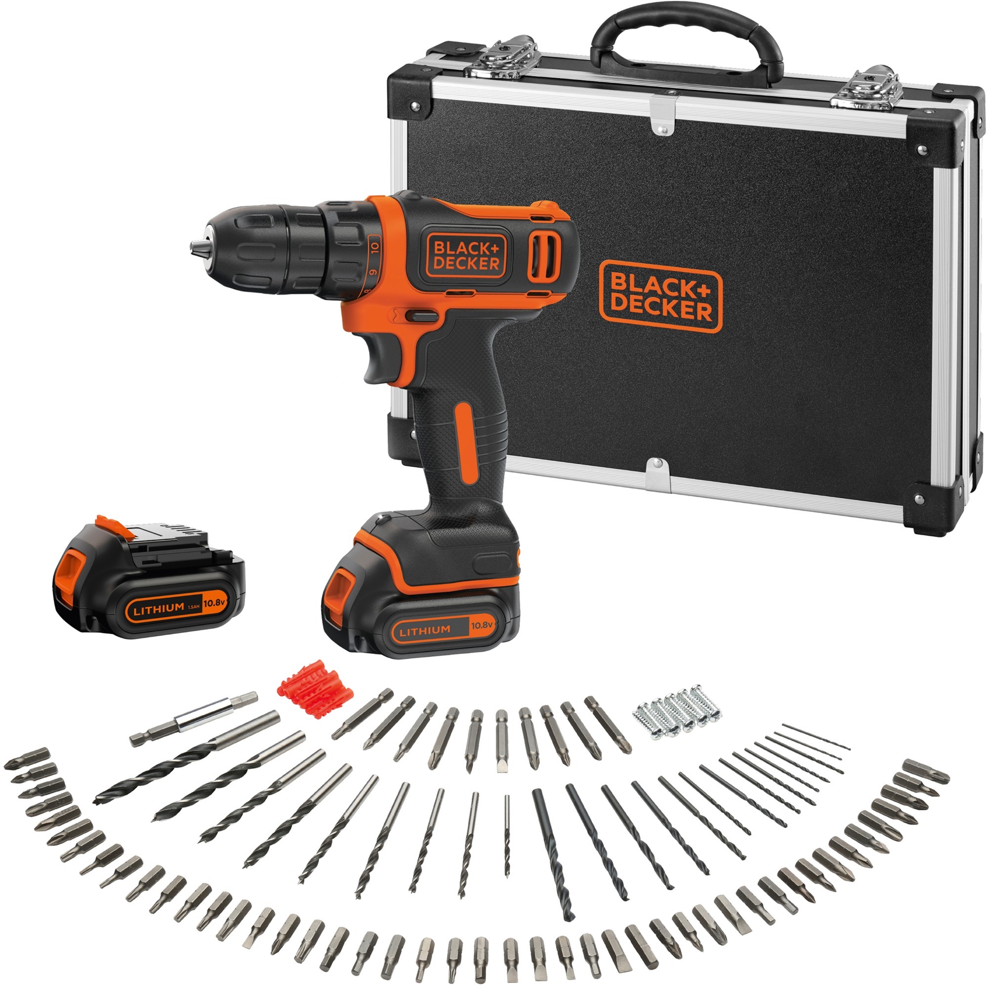 Black+Decker BDCDD12BAFC-QW Trapano Avvitatore A Batteria 10.8V- 26 Nm Con Batterie Incluse Di 1.5 Ah + Caricabatterie + Set Accessori 100 Pz. + Valigetta