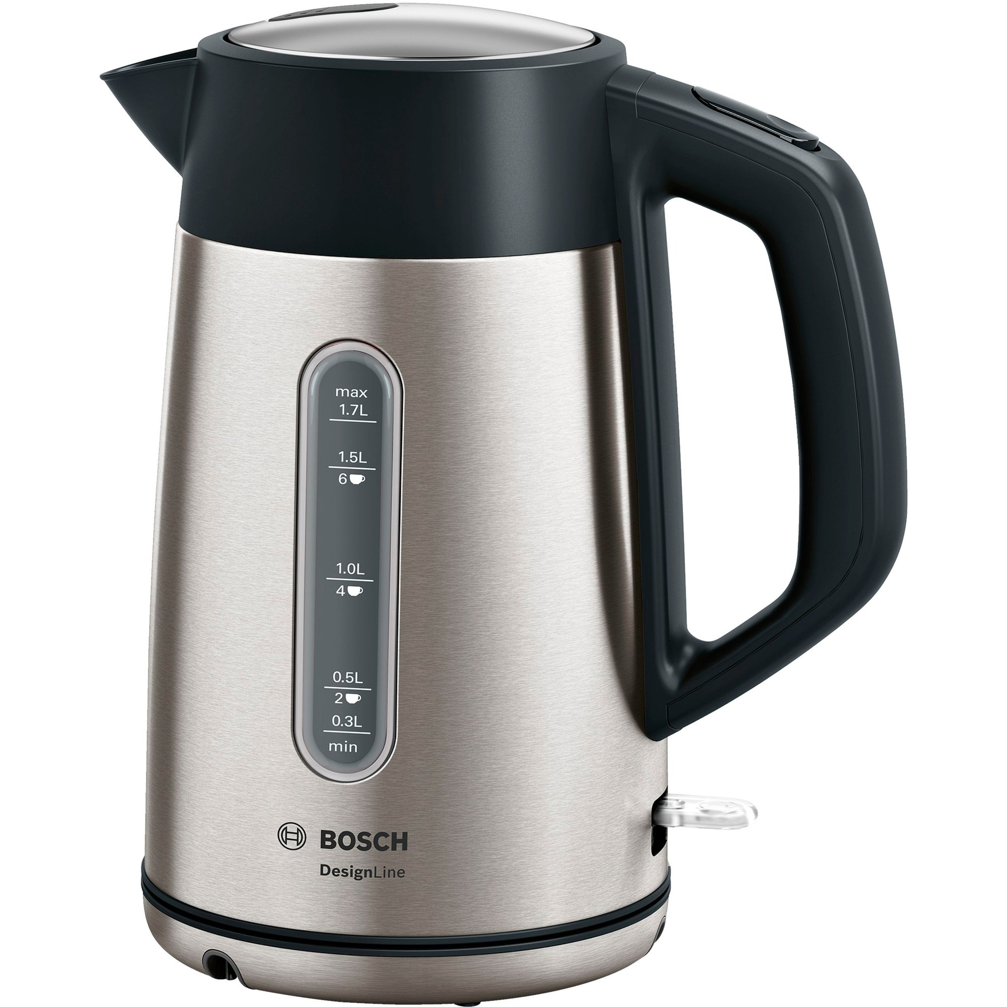 Bosch TWK4P440 Designline - Bollitore Senza Fili, Beccuccio Senza Schizzi, Indicatore Del Livello Dell'acqua, Protezione Da Surriscaldamento, 1,7 L, 2400 W, Acciaio Inox/Nero-image