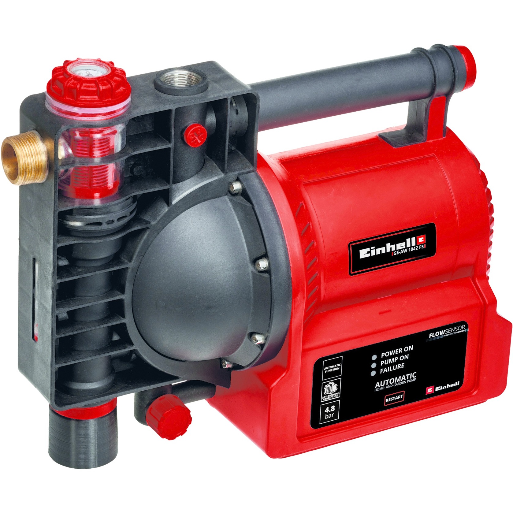 Einhell Pompa Di Irrigazione Automatica GE-AW 1042 Fs (1.050 W, Indicatori Del Livello Acqua/Sporcizia/Di Aspirazione, Protezione Sottovuoto, Protezione Bruciatura/Termica), Rosso/Nero-image