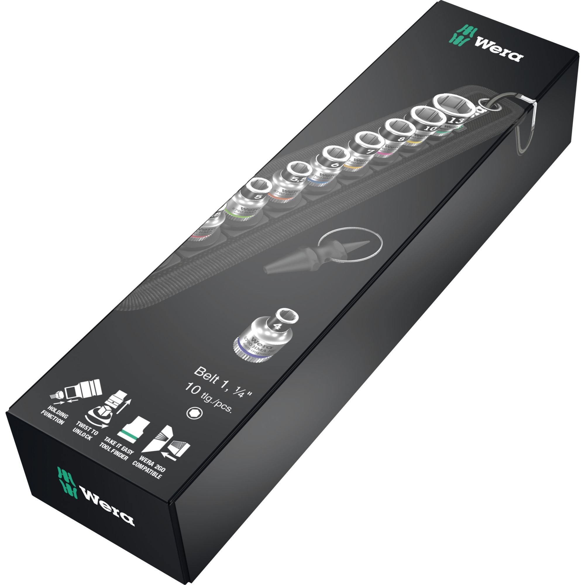 Wera Belt A 1 Set di bussole, chiave combinata   Nero, Set di bussole, 1/4", Metrico, 9 testina/e, 4,4.5,5,5.5,6,7,8,10,13 mm, 1/4"