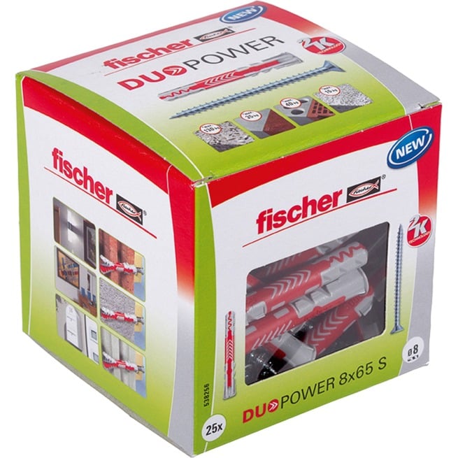 Fischer 25 Tasselli Lunghi Duopower con Vite 8x65 mm Universali, per il Fissaggio di Mensole, Pensili, Staffe Porta TV su Muro e Cartongesso, 538256
